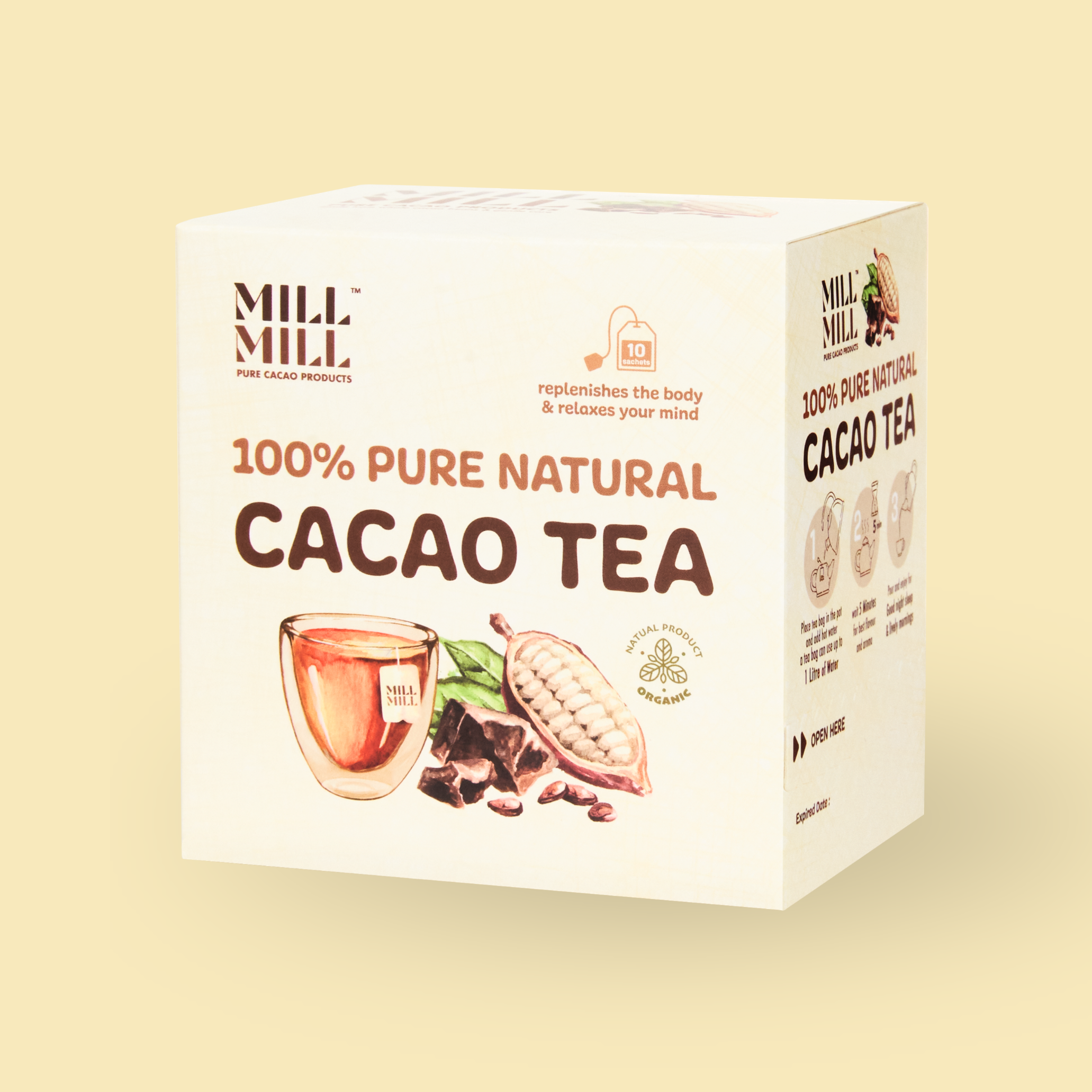 ชาคาเคาบริสุทธิ์ Original เต็มเมล็ด ปราศจากคาเฟอีน Mill Mill Pure Cacao Tea