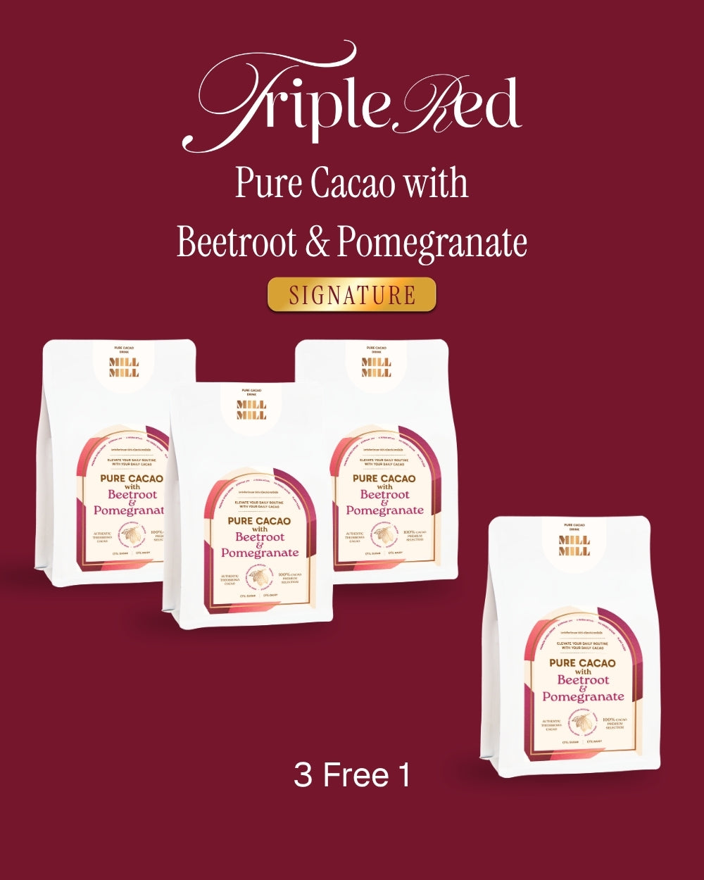 Triple Red: Set 3 free 1 Pure Cacao with Beetroot & Pomegranate
